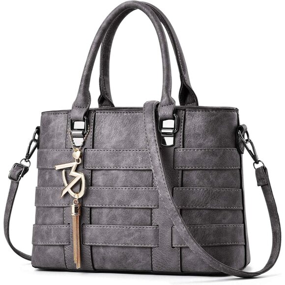 PU Leather Weave Grey Shoulder Bag for Women Elegant Top Handle Designer Purse - Picture 8 of 8